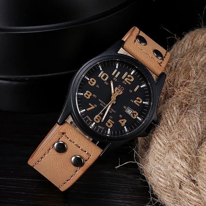 Hot Sales Men Sports Watch Casual Wristwatch Date Calendar Quartz Leather Strap Watches Fashion Clock Out-door Business Quartz Analog Male Watch Wrist Watch Valentines Gift