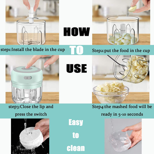 HW Wireless Electric Mini Garlic Chopper Machine(250ML), USB Kitchen Food Processor with 3 Blades