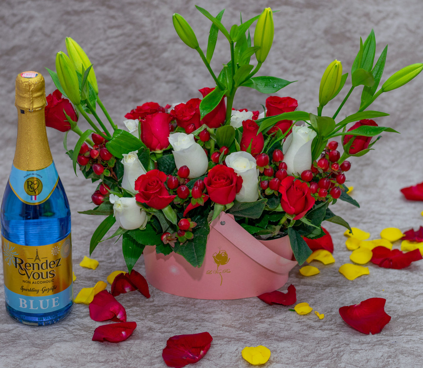 Tiger Lilies and Roses Basket and Rendezvous Drink