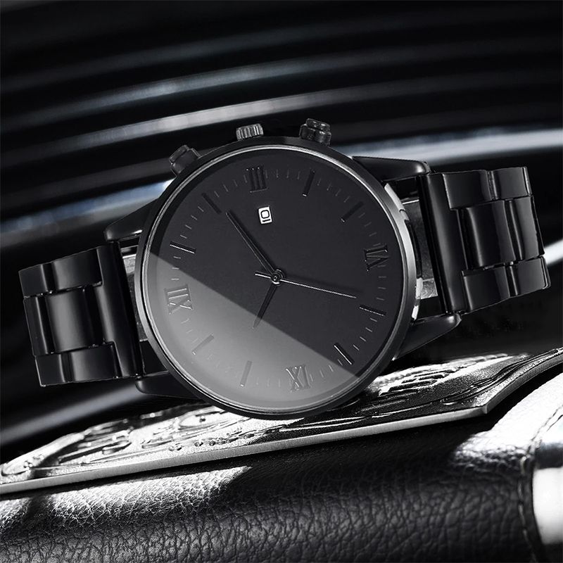 4PCS Men Business Watches Fashion Black Steel Band Male's Calendar Quartz Watch Relogio Masculino Jewelry Set