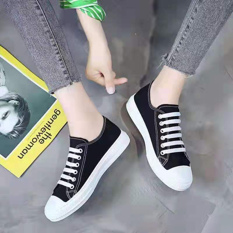 ASSKLO Flats shoes flat heel low top solid color black women's canvas small white shoes versatile version Black shoes