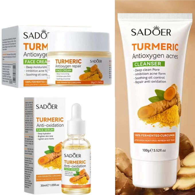 Tumeric 3 In 1 Set, Turmeric Anti Acne Cleanser + Turmeric Face Serum + Tumeric Cream, Guarantees Smooth Skin, Prevent Acnes, Control Oil, Remove...