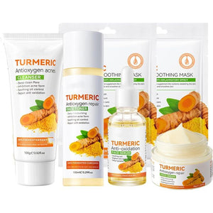 Turmeric Skincare Set For Anti-Aging Glowing Skin,Include Face Cleanser, Turmeric Oil Serum-Toner-Face Cream-and 2 Tumeric Sheet Mask For Dark Spot...