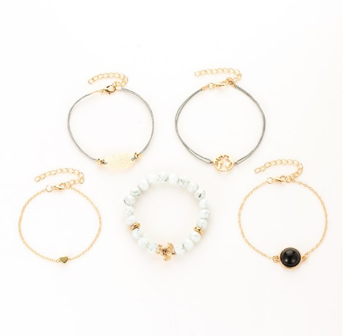 Fashion All-match Women's Alloy Pineapple Love Map Beaded Bracelet Jewellery MMSHOP Amazon Hot Sale 5 Pieces / set Gold as picture