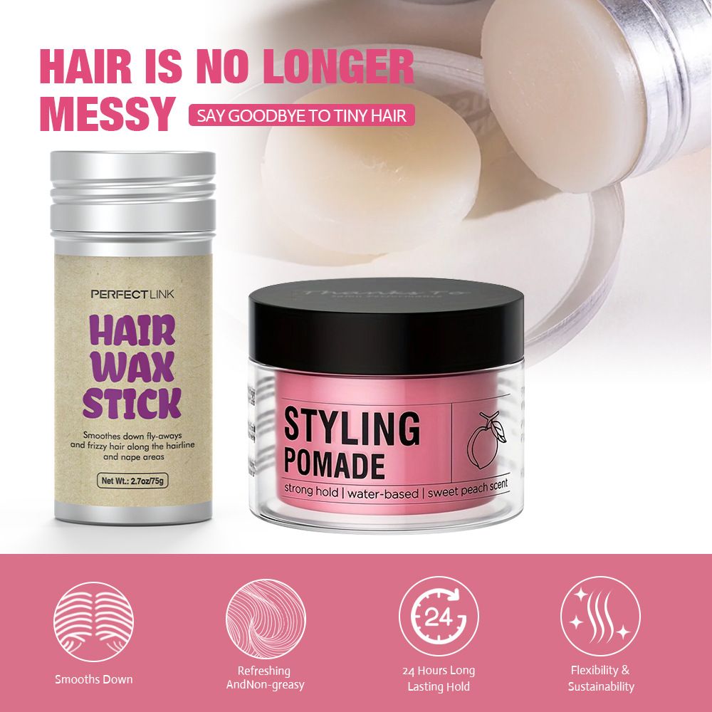 4Pcs/set 100g Peach Wax 75g Wax Stick Headband Brush Combination OEM Brand Hair Wax Stick Hair Wax Strip Hair Styling Hair Wax Long-lasting Hold Styling Combination