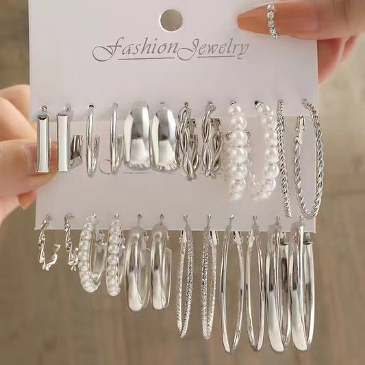 12 Pairs Of Suit Silver-color Alloy Earrings Square Geometric Earrings Vintage Fake-pearl Earrings Hepburn Style Earrings Set