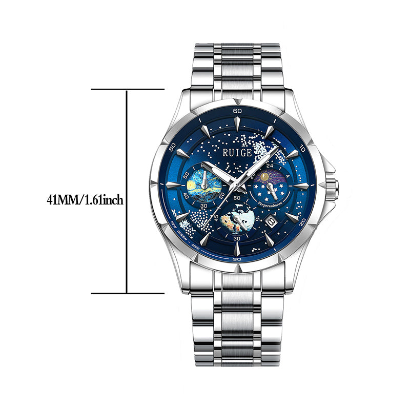 Luxury Man Watch High Quality Waterproof Chronograph Luminous Men's Wristwatch Stainless Steel Multifunctional Clock Moon Phase Starry Disk