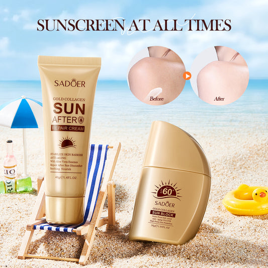 SADOER 2 In 1 Skin Care Set Gold Collagen Sunscreen + Sun After Repair Cream Skin Whitening Sunscreen Lotion SPF 60 Natural Waterproof Face Body Sunscreen