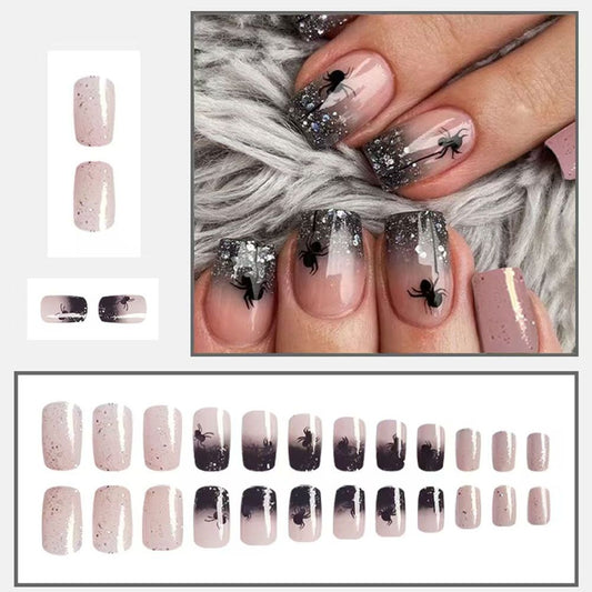 Halloween Square Armor Shining Spider Halloween Element Fake Nail Removable Finished Wear on Nail Holiday Nail Art