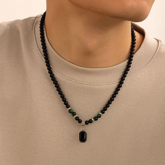 Black Beads with Square Pendant Necklace for Men Trendy Accessories on the Neck Collar 2024 Fashion Jewelry Male Gift Decoration