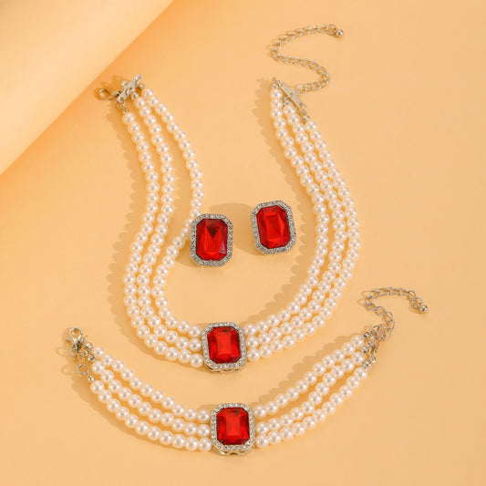 European American New Fashion Hot Sale Choker Necklace Personality Pearl Beaded Charms Court Style(Necklace+Bracelet+Earring )Jewelry Set for Woman