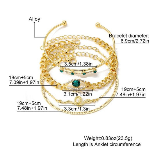 4PCS Bracelets For Women Retro Inlaid With Green Diamonds Bracelet Vintage Chain Link Adjustable Women Jewelry Set Jewelry Gift for Girls