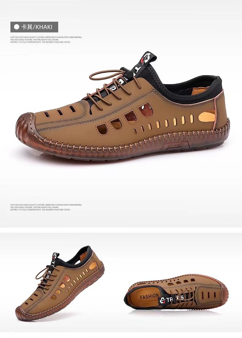 ASSKLO Men Leather Sandals PU Leather Loafers Hole Shoes Non-slip Cow Tendon Sole Casual Shoes Wading Shoes Beach Shoes Oxford outdoor lightweight sneakers Casual Sandals Hollow Out Shoes Flats brown
