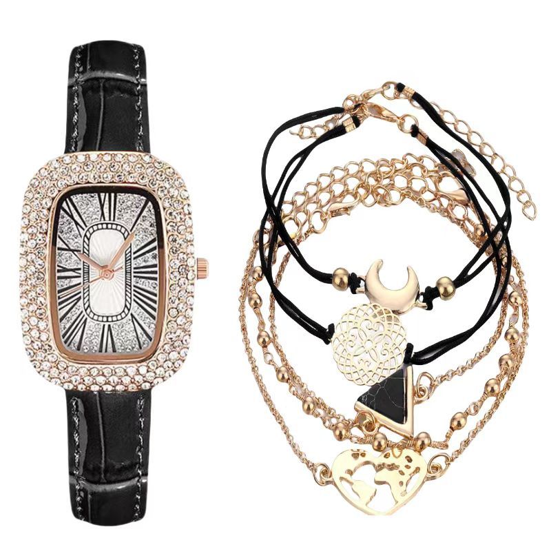 UPHUI 6PCS Women Watch Set Full Diamond Leather Strap Square Watch Women's Watches Luxury Timetable Quartz Fashion Watch Female Wrist Wstch Clock