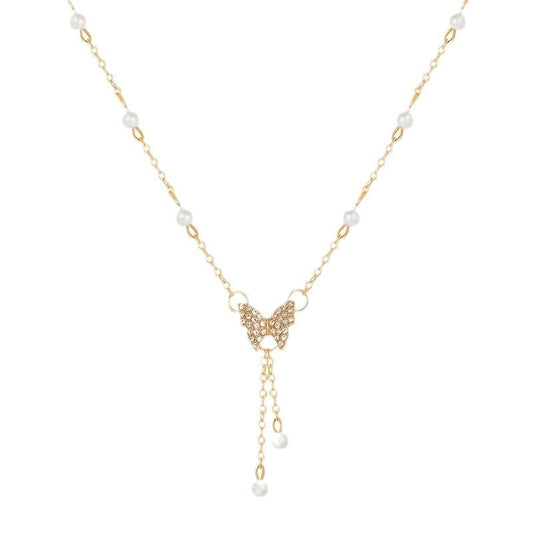 New trendy pearl necklace for women, niche cold style necklace, high-end light luxury zircon butterfly clavicle necklace