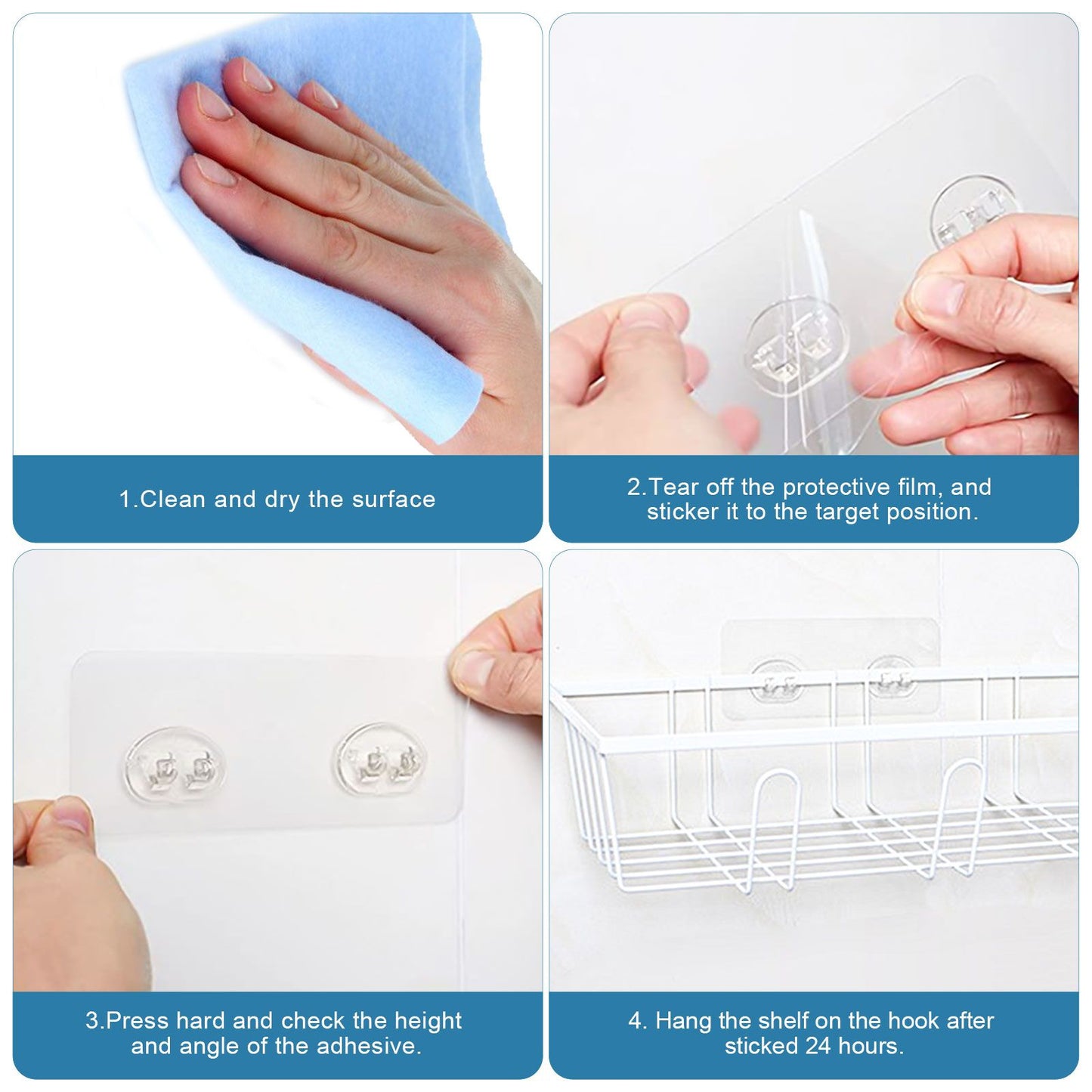 16pcs Shower Caddy Adhesive Hooks, Waterproof Adhesive Hooks Mount Replacement, No Drilling Sticky Hanging Hook(8pcs 7x7cm+4pcs 8x8cm+4pcs 14x6cm)