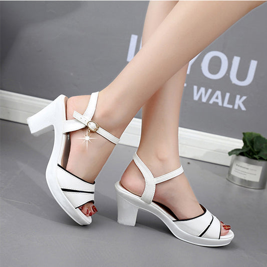 size 38-41 Ladies mouth shoes open shoes high heels Sandals Women's single button sandals exquisite dance shoes Girls chunky heel sandal edge white shoes
