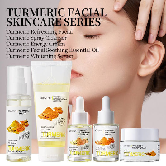 KORMESIC Turmeric 5-Piece Oil-Control & Brightening Skincare System - Antioxidant Cleanser, Balancing Cream Dark Spot Serum + Soothing Oil & Mask Anti-Inflammatory, Fades Acne Marks & Repairs Barri