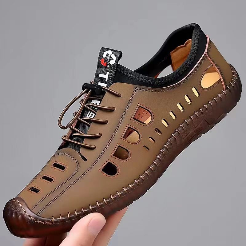 ASSKLO Men Leather Sandals PU Leather Loafers Hole Shoes Non-slip Cow Tendon Sole Casual Shoes Wading Shoes Beach Shoes Oxford outdoor lightweight sneakers Casual Sandals Hollow Out Shoes Flats brown
