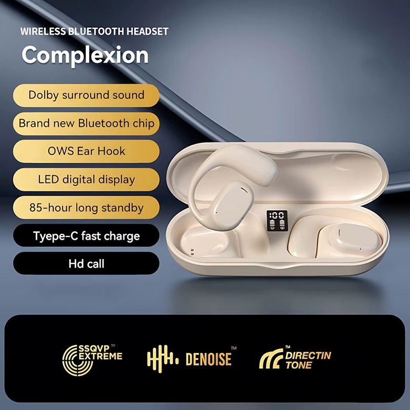Wireless Bluetooth Earphone Bone Conduction Headphones Sports Earbud Ear-hook Waterproof Noise Reduction Earpods Display Touch Control Game Earpiece with Charging Case