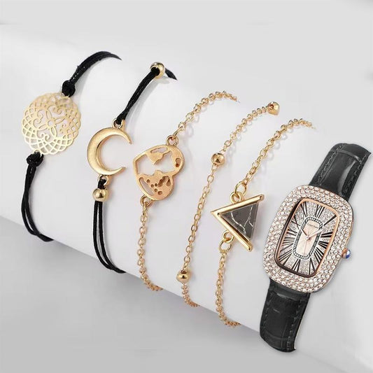 UPHUI 6PCS Women Watch Set Full Diamond Leather Strap Square Watch Women's Watches Luxury Timetable Quartz Fashion Watch Female Wrist Wstch Clock