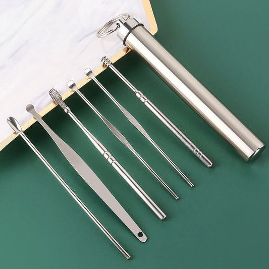 6-piece set Stainless steel ear spoon set ear spoon earwax picking tool storage tube portable