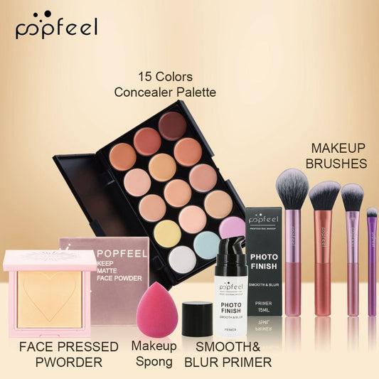 8Pcs Face Makeup Set Complete Cosmetic Kit with Concealer palette, Setting Powder, Face Primer, Brushes,Makeup spong