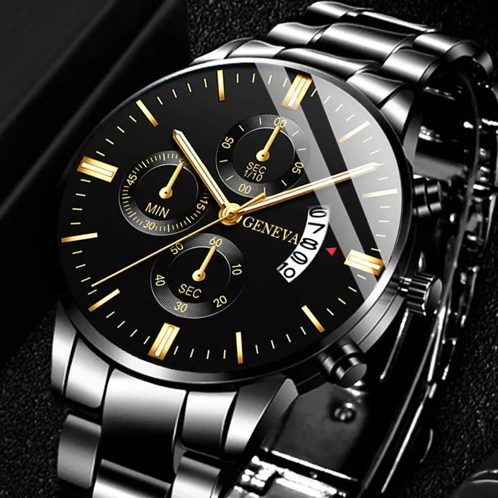 Men Watch Date Stainless Steel Watch Luxury Calendar Quartz Wrist Watch Business Watches for Man Clock Valentines Gift Fashion Mens Watches With keyring Free Gift