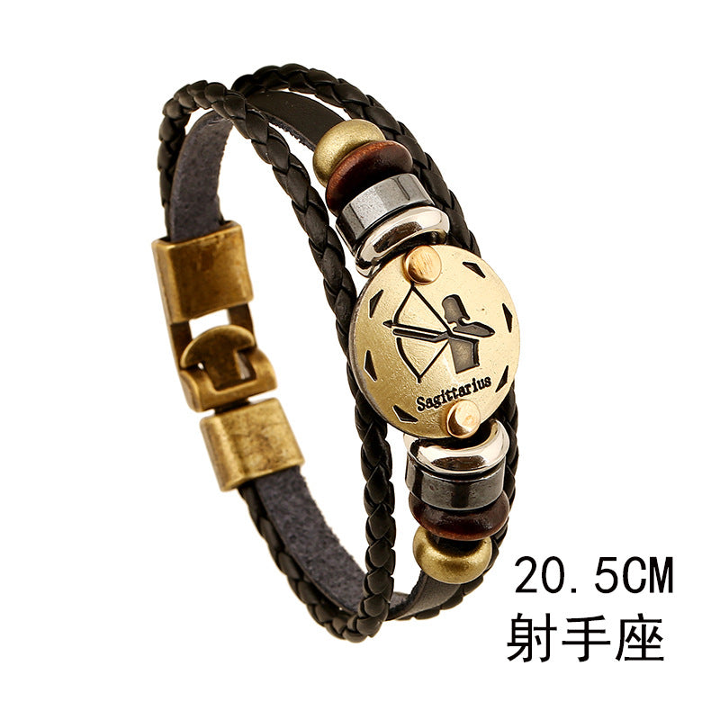 12 Constellations Multi-layer Leather Cuff Chain Lucky Charm Fashion Bronze Alloy Buckles Bracelets