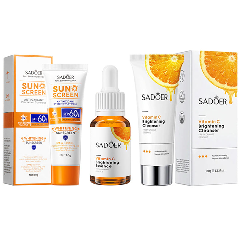 SADOER 3 in 1 Vitamin C Serum + Vitamin C Cleanser + SPF 60++ Sunscreen, Moisturizing, Anti Aging, Anti Wrinkles, Anti Acne, Dark Spots Remover, Sunscreen Protector VC Serum+Cleanser+SPF