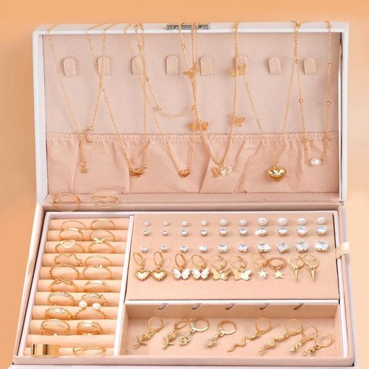 76PCS Luxury Jewelry Set Butterfly Necklace Set Butterfly Ring And Earring Set Diamond And Pearl Earnail Set Elegant Zircon Pendant Earring Ring Necklace Women's Daily Jewelry Gift For Friends