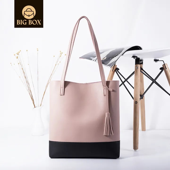 BigBox Women color blocking Handbag Designer Fashionable large capacity tassel design PU leather shoulder tote bag women handbag