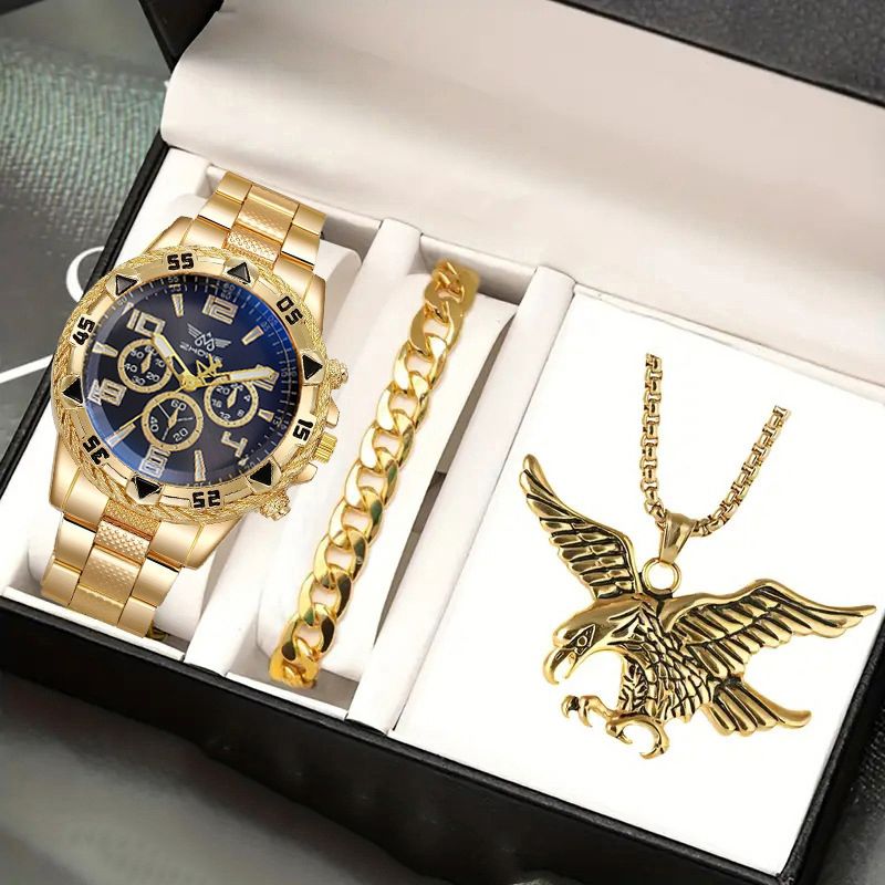 3-Piece Stainless Steel Strap Large Dial Men's Quartz Watch Necklace Bracelet Gift Pendant Chain Silver