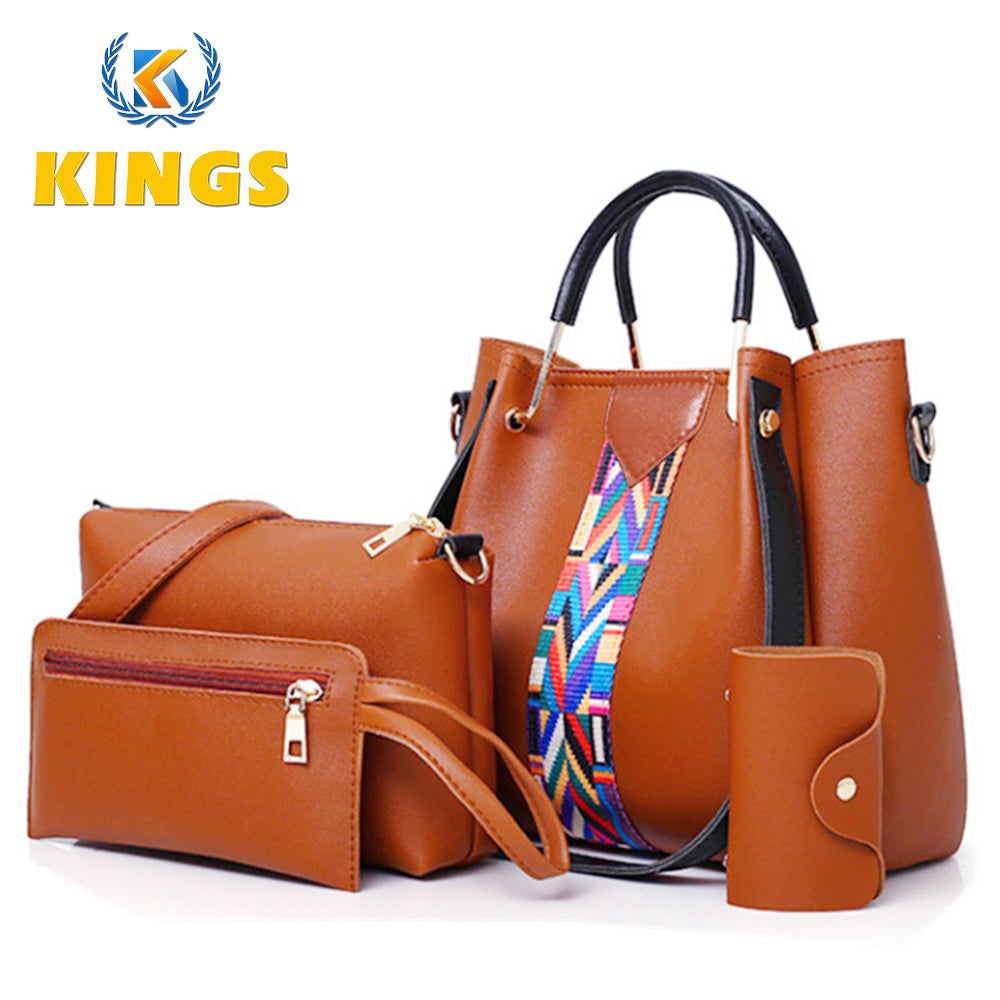 4pcs Ladies Bag Set Women Handbags Shoulder Tote Sling Bags PU Leather Waterproof Kings Fashion