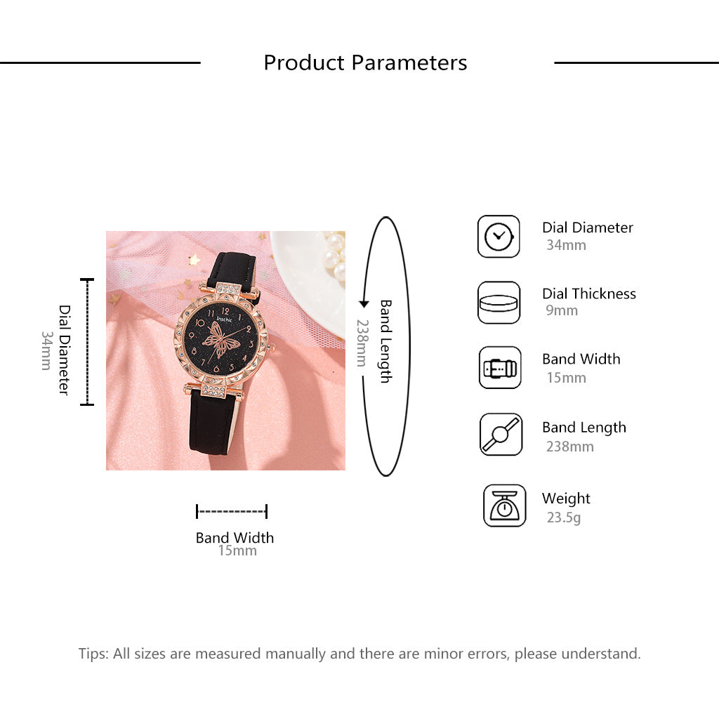 Popular Fashion 5 Set Women Watch Ring Necklace Earrings Bracelet Set Watches Luxury Crystal Butterfly Leather Strap Ladies Quartz WristWatch (With Box)