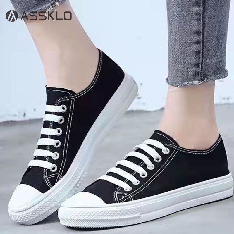 ASSKLO Flats shoes flat heel low top solid color black women's canvas small white shoes versatile version Black shoes