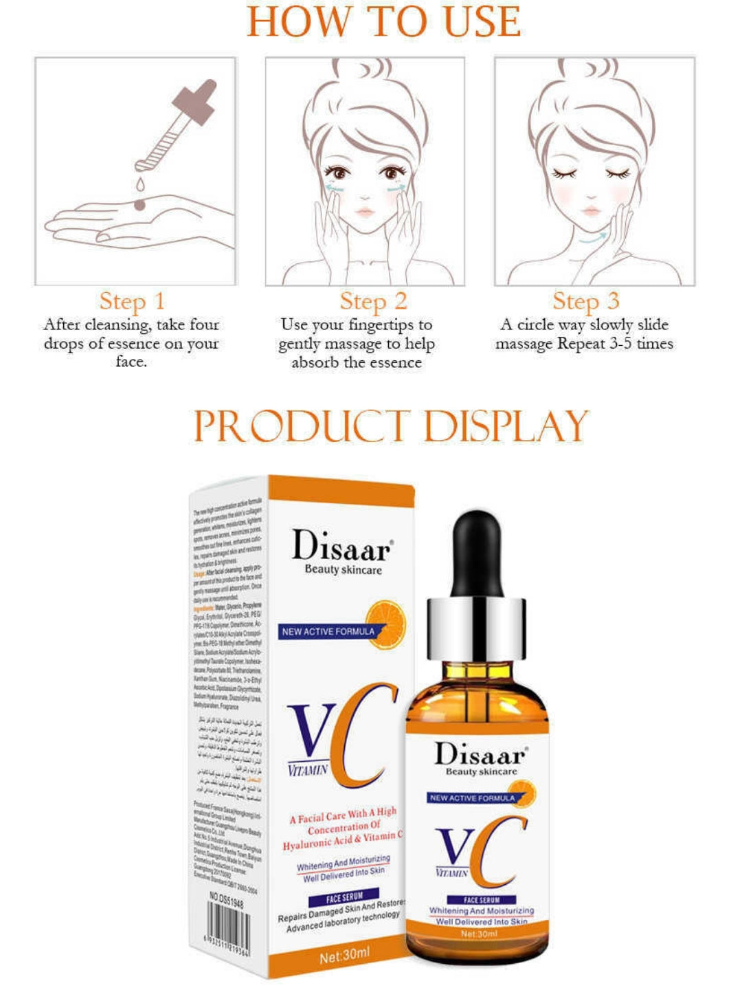Disaar Vitamin C & Hyaluronic Acid Face Serum Whitening & Moisturizing Facial Care
