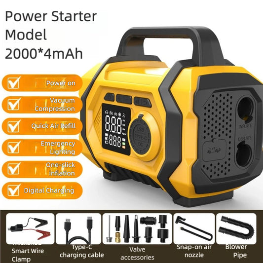 8000mAh Smart Car Jump Starter & High-Pressure Tire Inflator, 3-in-1 Jump Start + Inflation + Power Bank, Wireless Inflation Supported