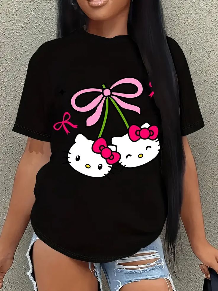 Customized Kitty girly prints Women T-shirt Women Clothes Tops Lady shirt fashion casual Tshirts women top girl print short sleeve personality t-shirt girls t-shirt women's clothes - as shown in photo