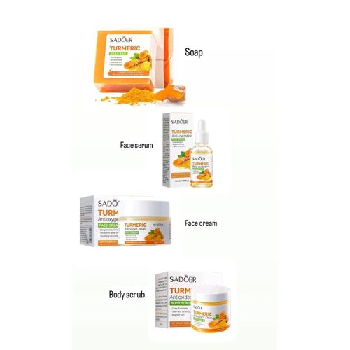 SADOER 4 In 1 Turmeric Set: Body Scrub + Face Soap + Face Serum + Face Cream