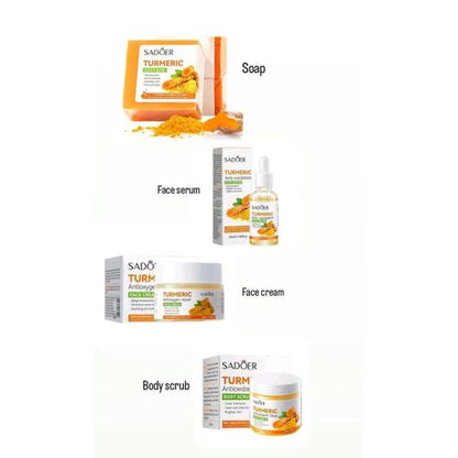SADOER 4 In 1 Turmeric Set: Body Scrub + Face Soap + Face Serum + Face Cream