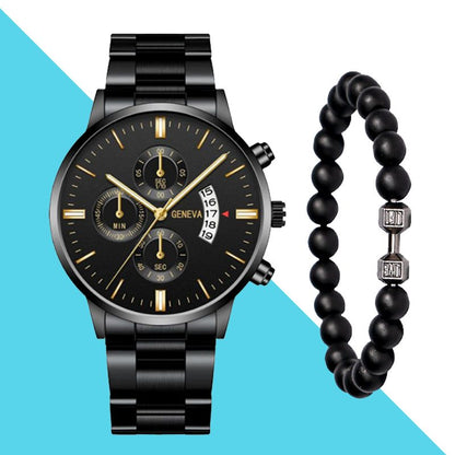 2PCS Men'sFashion Classic Mens Watches Versatile Trend Business Calendar Belt Quartz Watch Alloy Bracelet