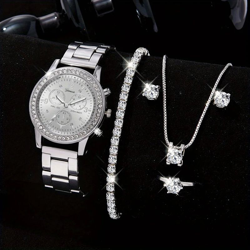 6PCS Set Luxury Watch Women Ring Necklace Earrings Rhinestone Fashion Wristwatch Female Casual Ladies Watches Bracelet Set Clock