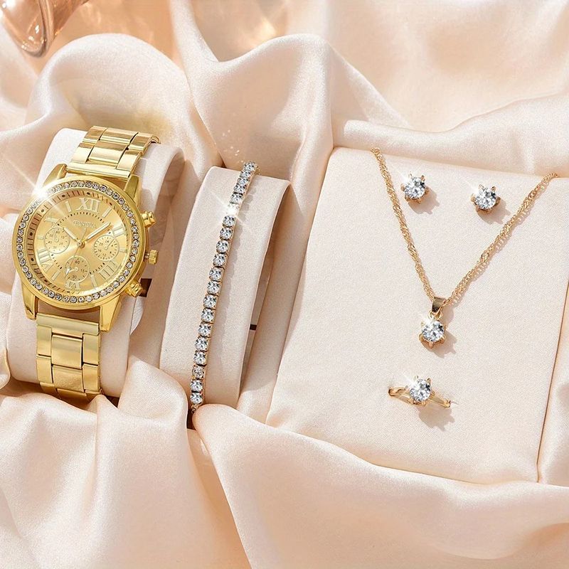 6PCS Set Luxury Watch Women Ring Necklace Earrings Rhinestone Fashion Wristwatch Female Casual Ladies Watches Bracelet Set Clock