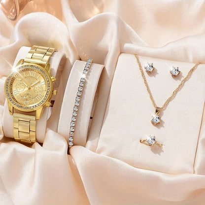 6PCS Set Luxury Watch Women Ring Necklace Earrings Rhinestone Fashion Wristwatch Female Casual Ladies Watches Bracelet Set Clock