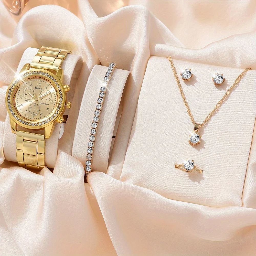 6PCS Set Luxury Watch Women Ring Necklace Earrings Rhinestone Fashion Wristwatch Female Casual Ladies Watches Bracelet Set Clock