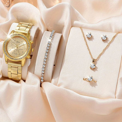 6PCS Set Luxury Watch Women Ring Necklace Earrings Rhinestone Fashion Wristwatch Female Casual Ladies Watches Bracelet Set Clock