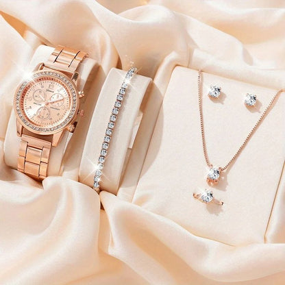6PCS Set Luxury Watch Women Ring Necklace Earrings Rhinestone Fashion Wristwatch Female Casual Ladies Watches Bracelet Set Clock