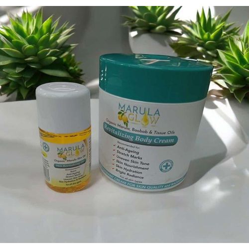 Marula Glow 2 in 1 Set: Organic Revitalizing Body Cream + Oil (With Baobab Oil, Argan Oil, Olive Oil and Vitamin E)