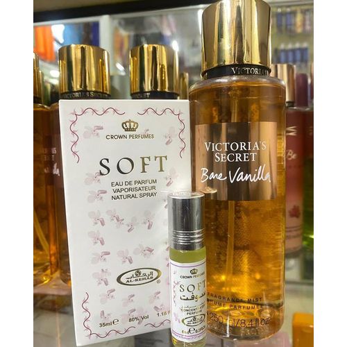Victoria's Secret 3 in 1 BEST PERFUME COMBO!!!! Bare Vanilla Fragrance Mist + Al Rehab Soft Perfume + (FREE Soft Perfume Oil)